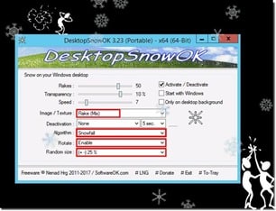 DesktopSnowOK برنامج مجانى لإضافة تأثير تساقط الثلوج لسطح مكتب الكمبيوتر إصدار 3.342
