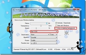 DesktopSnowOK برنامج مجانى لإضافة تأثير تساقط الثلوج لسطح مكتب الكمبيوتر إصدار 3.344